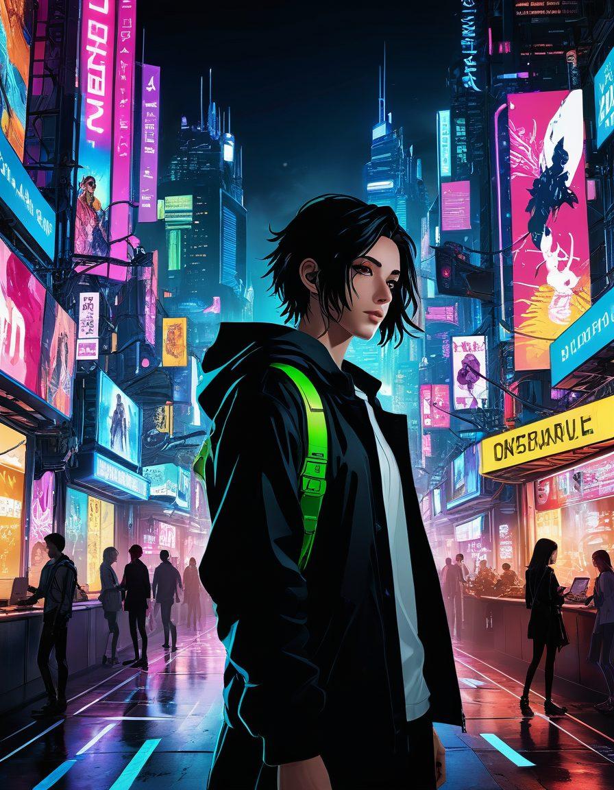 A dynamic collage contrasting the world of visual novels and graphic novels, featuring a diverse range of characters in vibrant settings. Include elements like a digital landscape with scrolling text bubbles, and an illustrated scene with comic panels showing action and emotion. Blend genres with enchanting colors and intricate details. super-realistic. vibrant colors. cyberpunk.