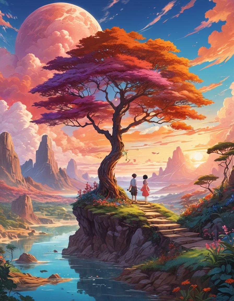 A vibrant and colorful illustration of a fantastical landscape filled with diverse characters inspired by adult anime and manga, showcasing a blend of imaginative scenes featuring playful and romantic gestures. Include elements like whimsical clouds, exotic plants, and a dreamy sunset background to evoke curiosity and excitement. The characters should be diverse in style, showcasing different artistic interpretations of the genre. super-realistic. vibrant colors. fantasy style.